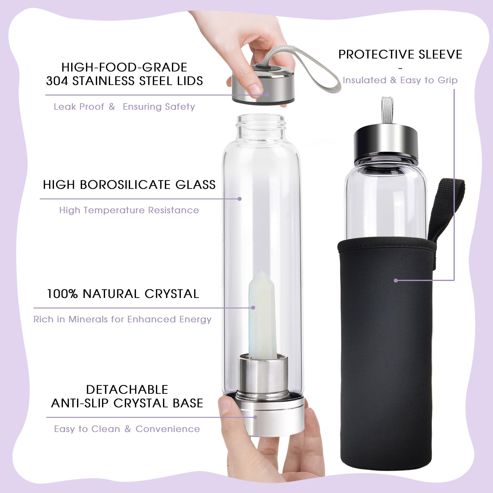 Chezmax Crystal Glass Water Bottle, Glass Water Bottle With Changeable Natural Crystal Center, Quartz Gemstone Water Bottle For